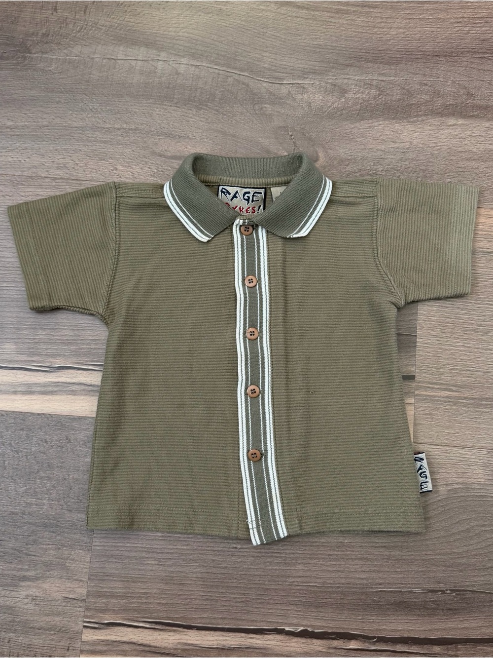 Vintage Rage Tykes! Olive Green Button Down Short Sleeve Top Size 12 Months